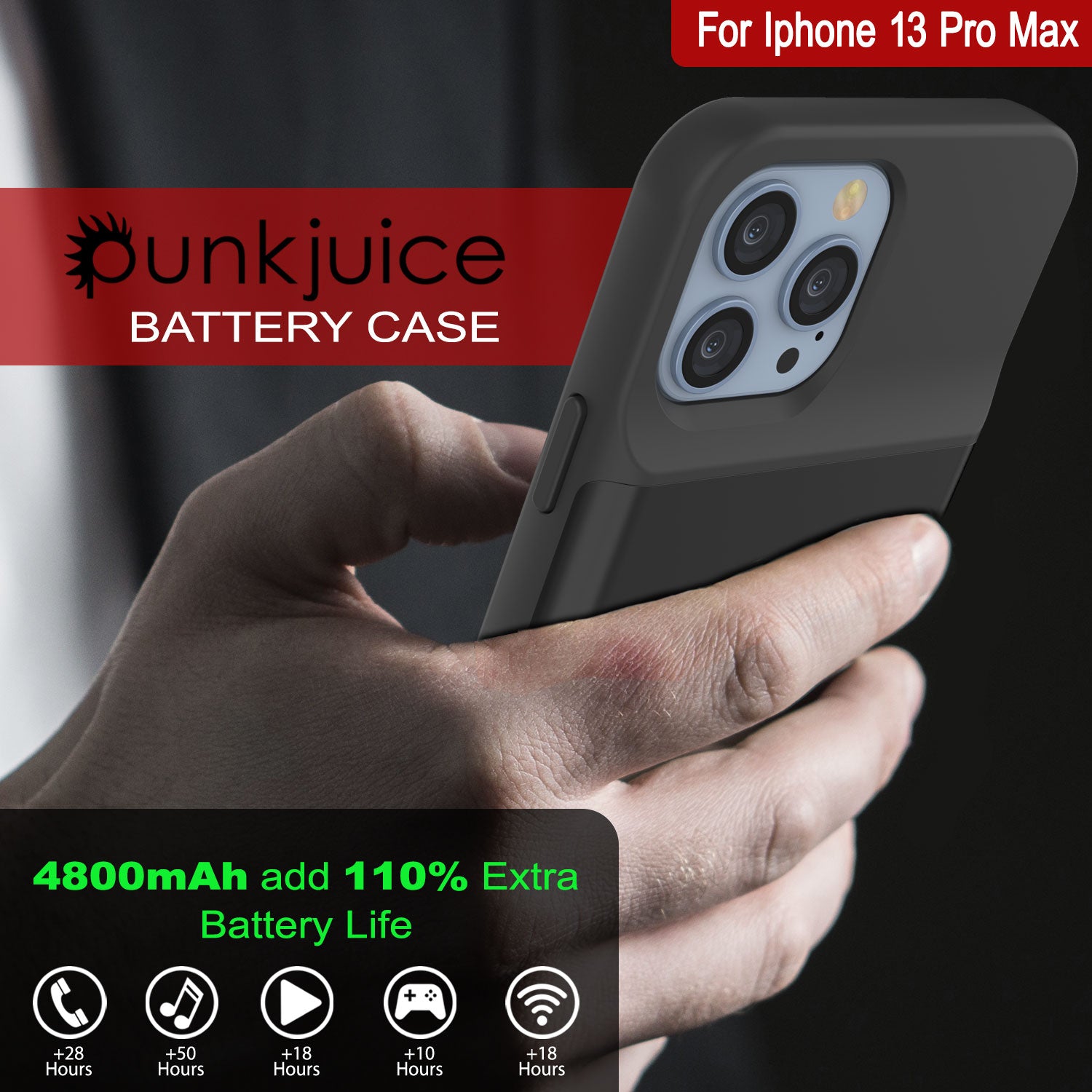 iPhone 13 Pro Max Battery Case, PunkJuice 4800mAH Fast Charging Power Bank  W/ Screen Protector | [Black]