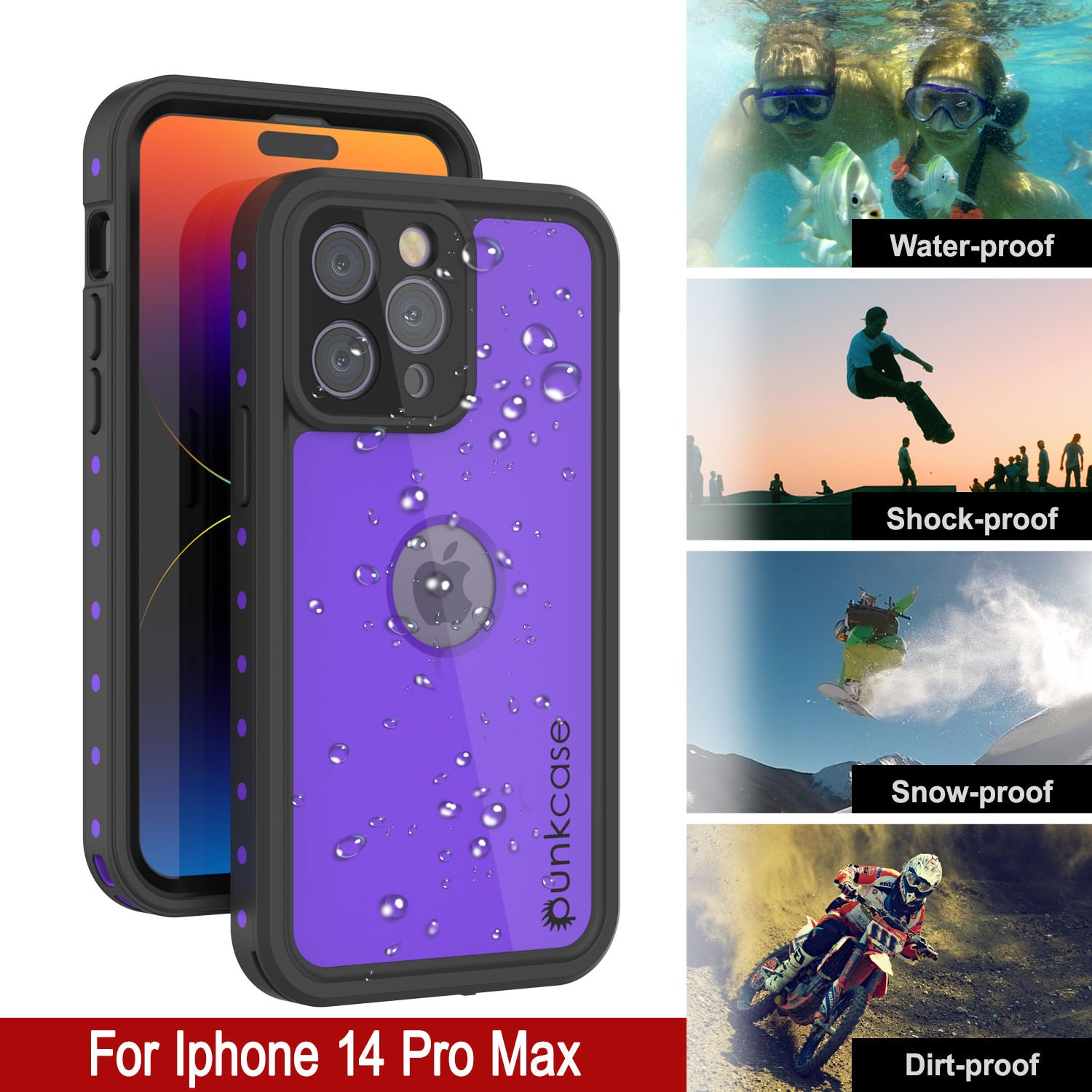iPhone 14 Pro Max Waterproof IP68 Case, Punkcase [Purple] [StudStar Series]  [Slim Fit] [Dirtproof]